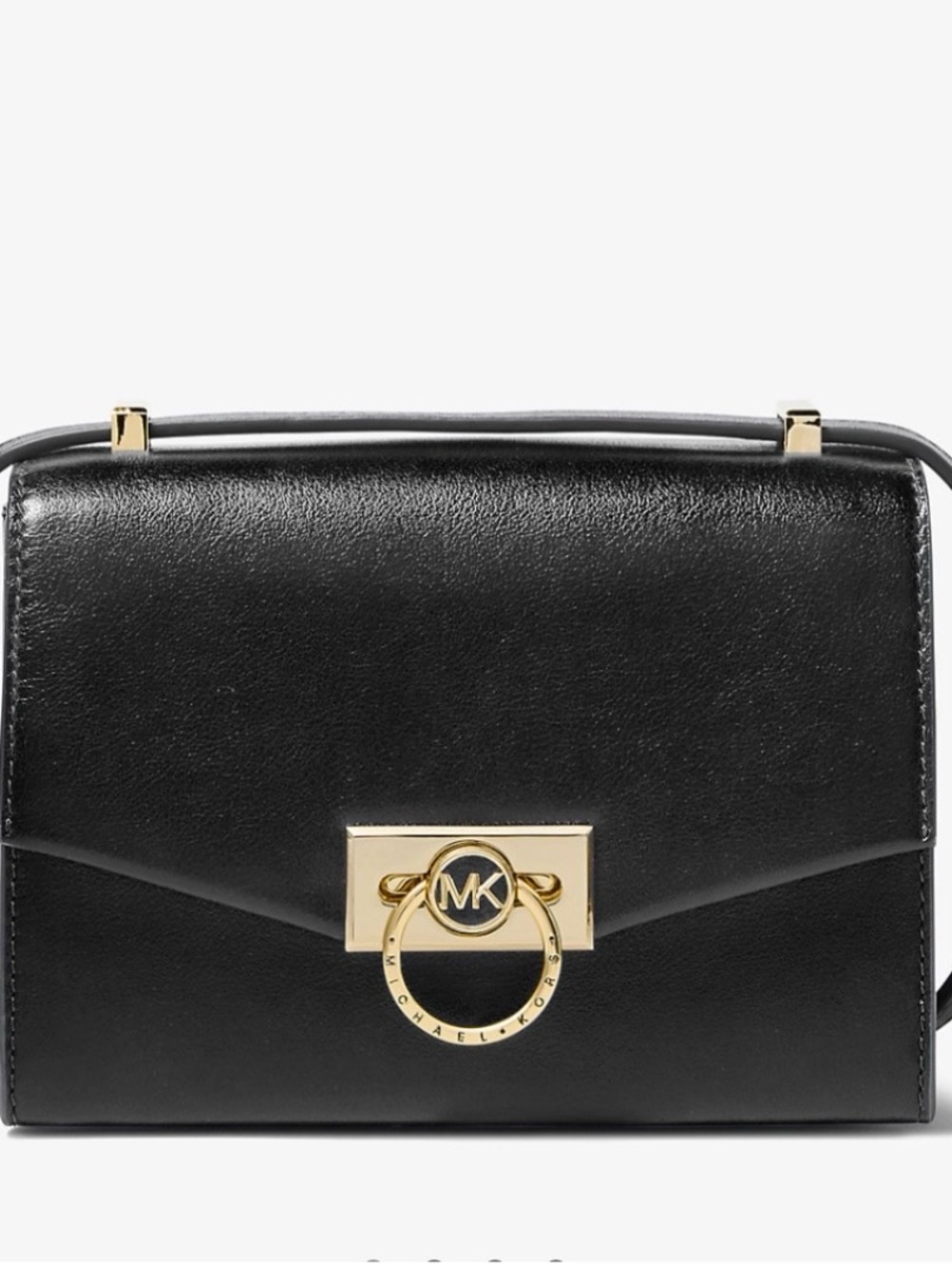 Michael Kors Black Leather Crossbody with Gold MK Ring Detail